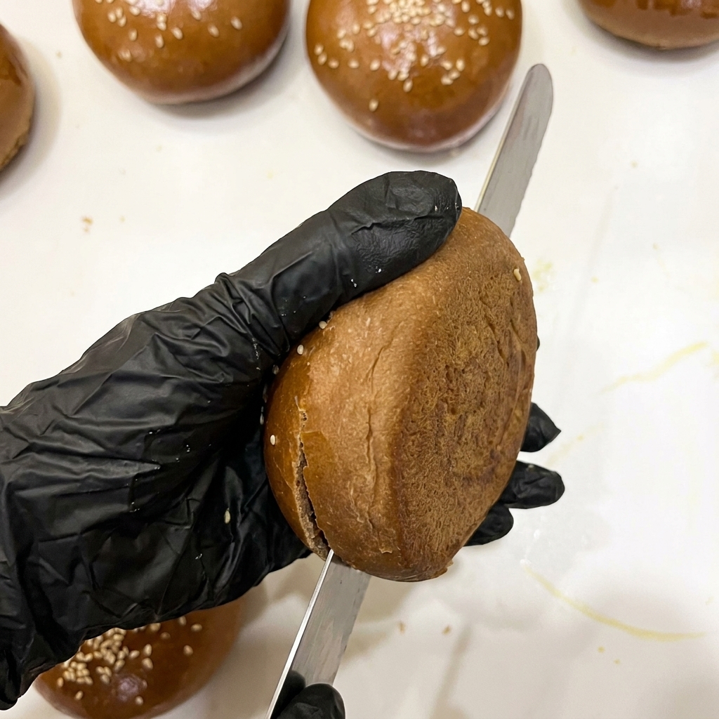 Un pan de hamburguesa de cacao recién horneado siendo cortado por la mitad con un cuchillo de sierra.
