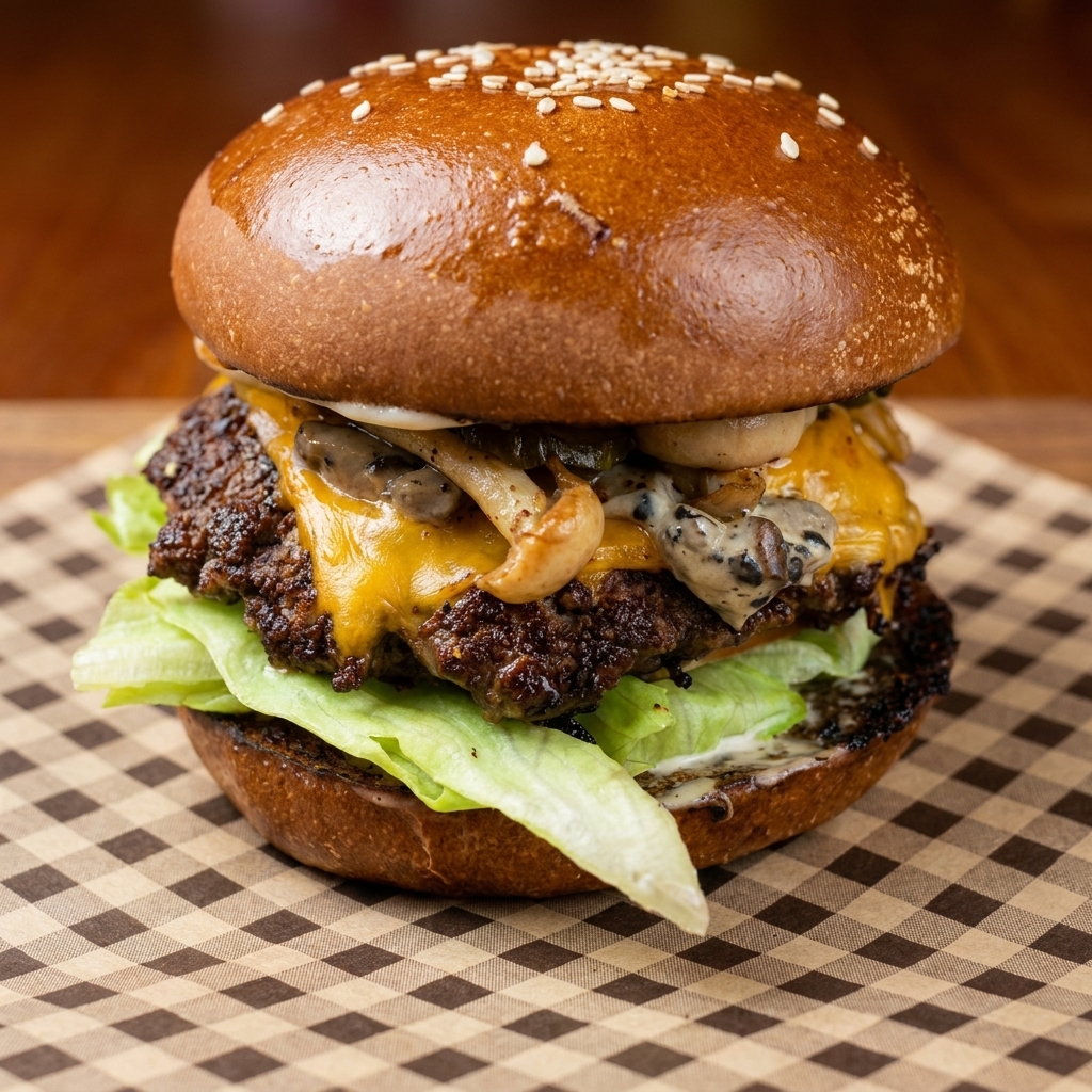 Una hamburguesa de champiñones y trufa montada mostrando capas distintas de lechuga, tomate, carne con queso y champiñones.