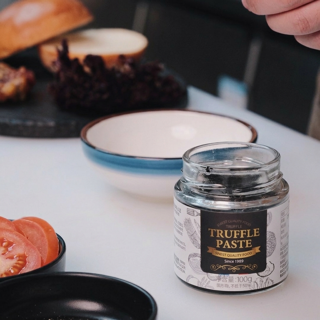 Un pequeño cuenco con mayonesa preparándose para la mezcla de la salsa de trufa.