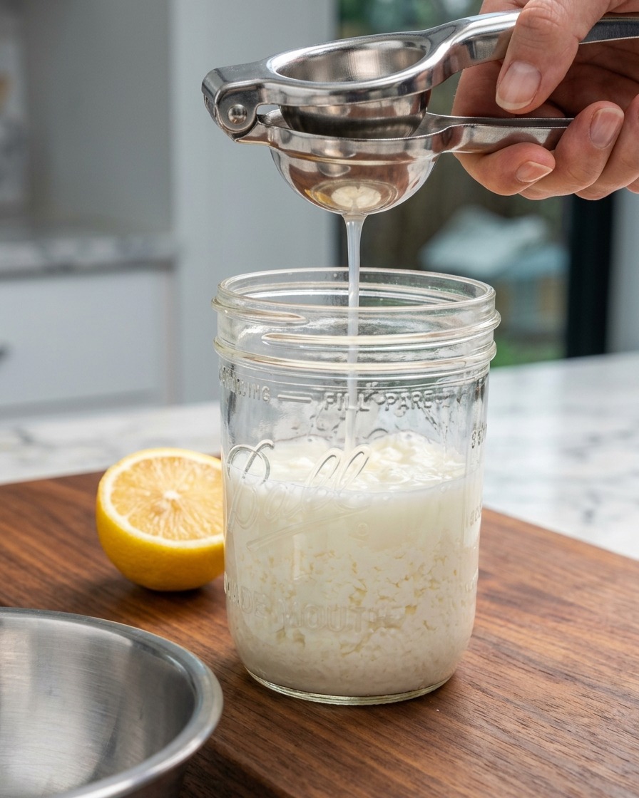 Zumo de limón siendo exprimido con un exprimidor metálico en un tarro de cristal con leche desnatada.