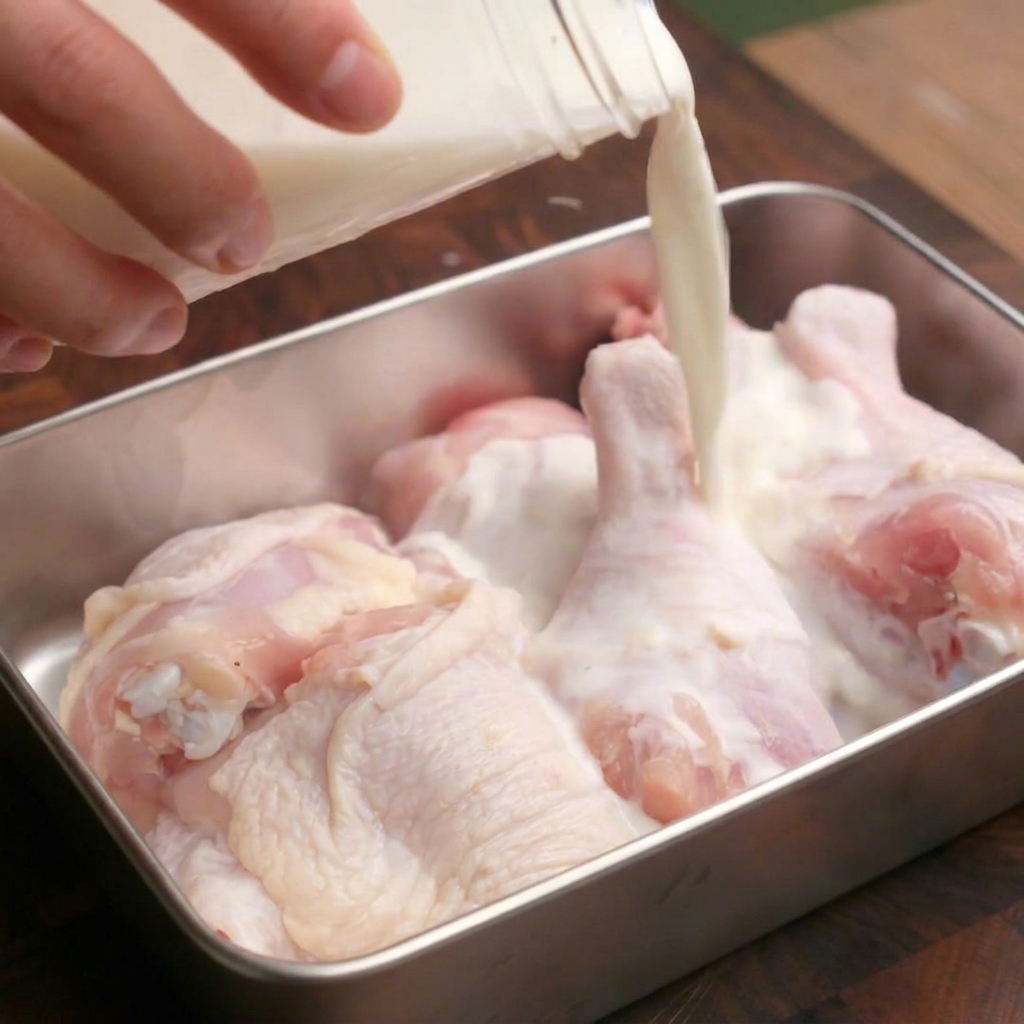 El marinado de leche siendo vertido desde un tarro de cristal sobre muslos de pollo crudos en una bandeja de acero inoxidable.