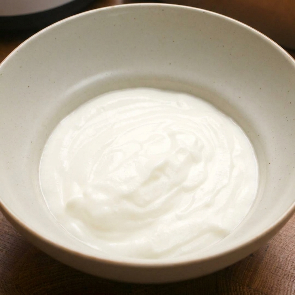 Una cucharada de yogur natural espeso siendo añadida a un bol de mezcla que ya contiene cebolla rallada.