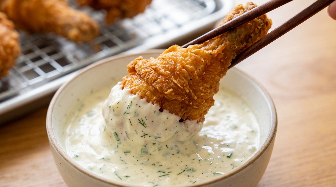 Pollo frito crujiente con salsa de yogur y cebolla
