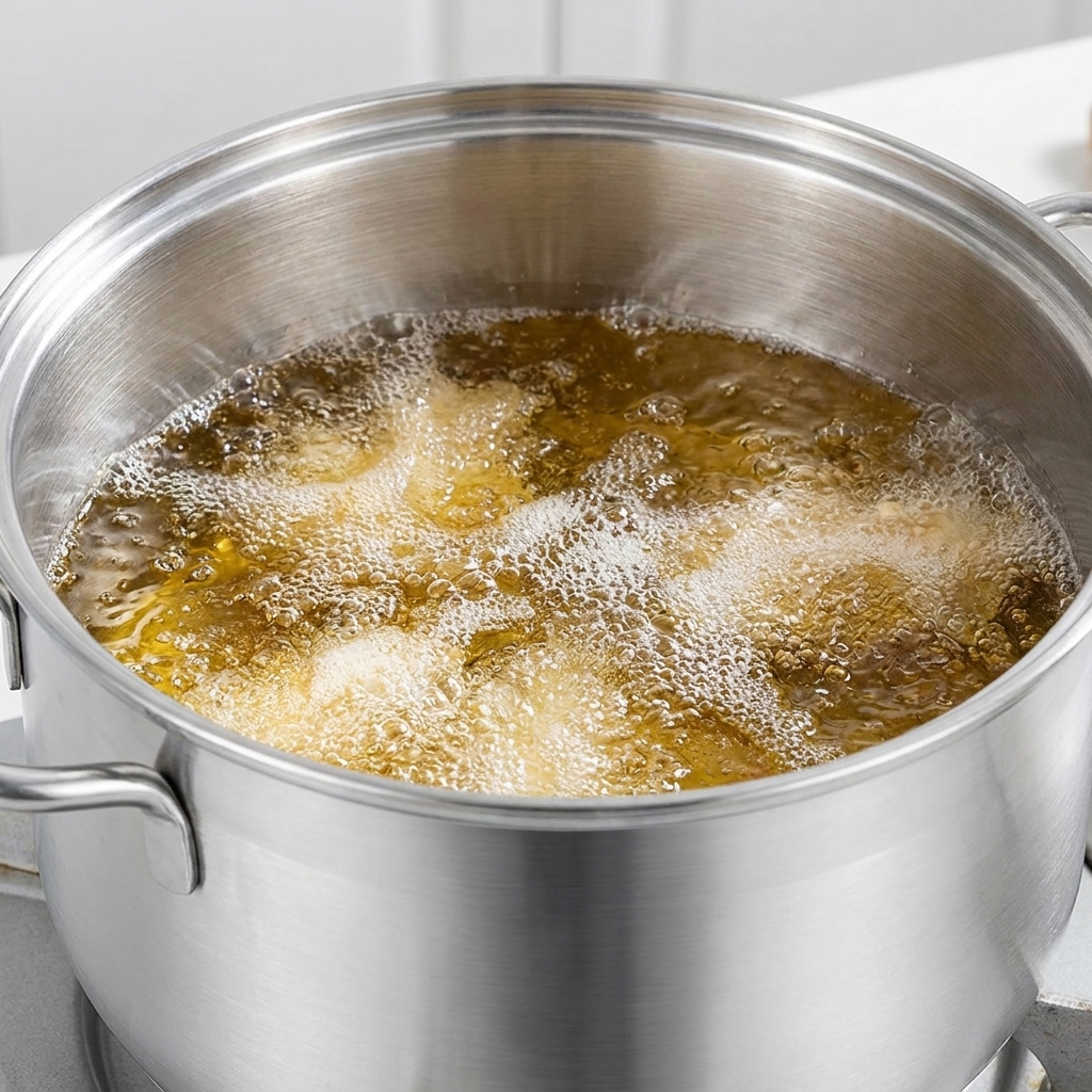 Muslos de pollo empanados friéndose en aceite caliente, creando una costra dorada y burbujeante.