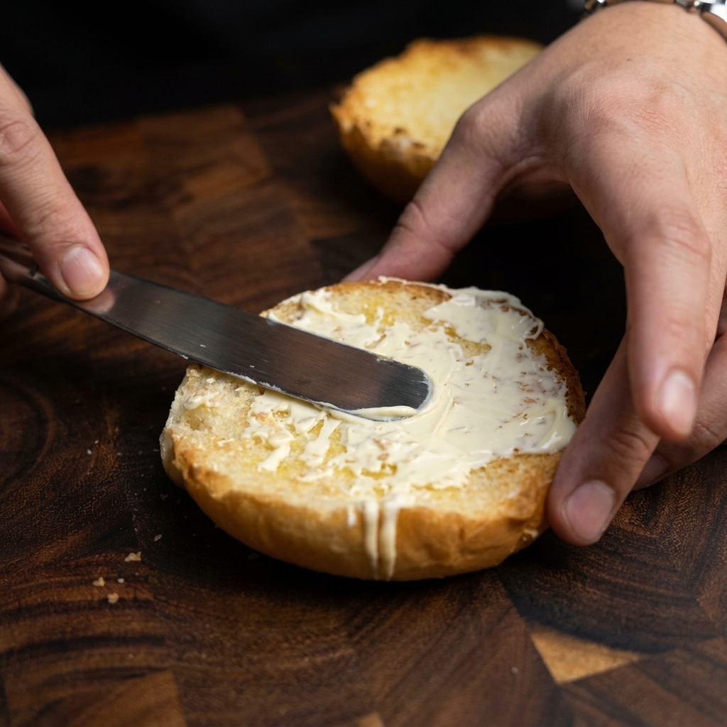 Un muslo de pollo frito crujiente sobre un pan, cubierto con una loncha de queso.