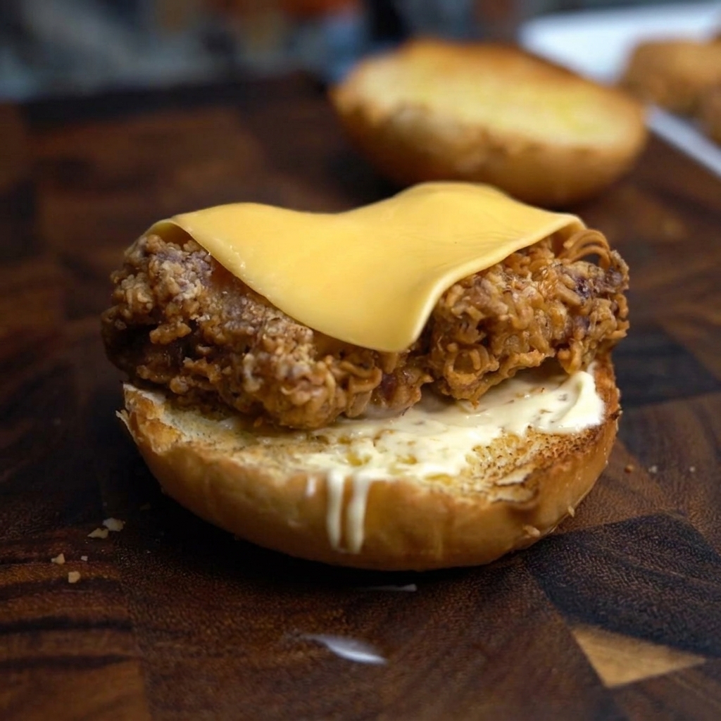 Un primer plano de una loncha de queso siendo fundida sobre un filete de pollo frito con un soplete de cocina.