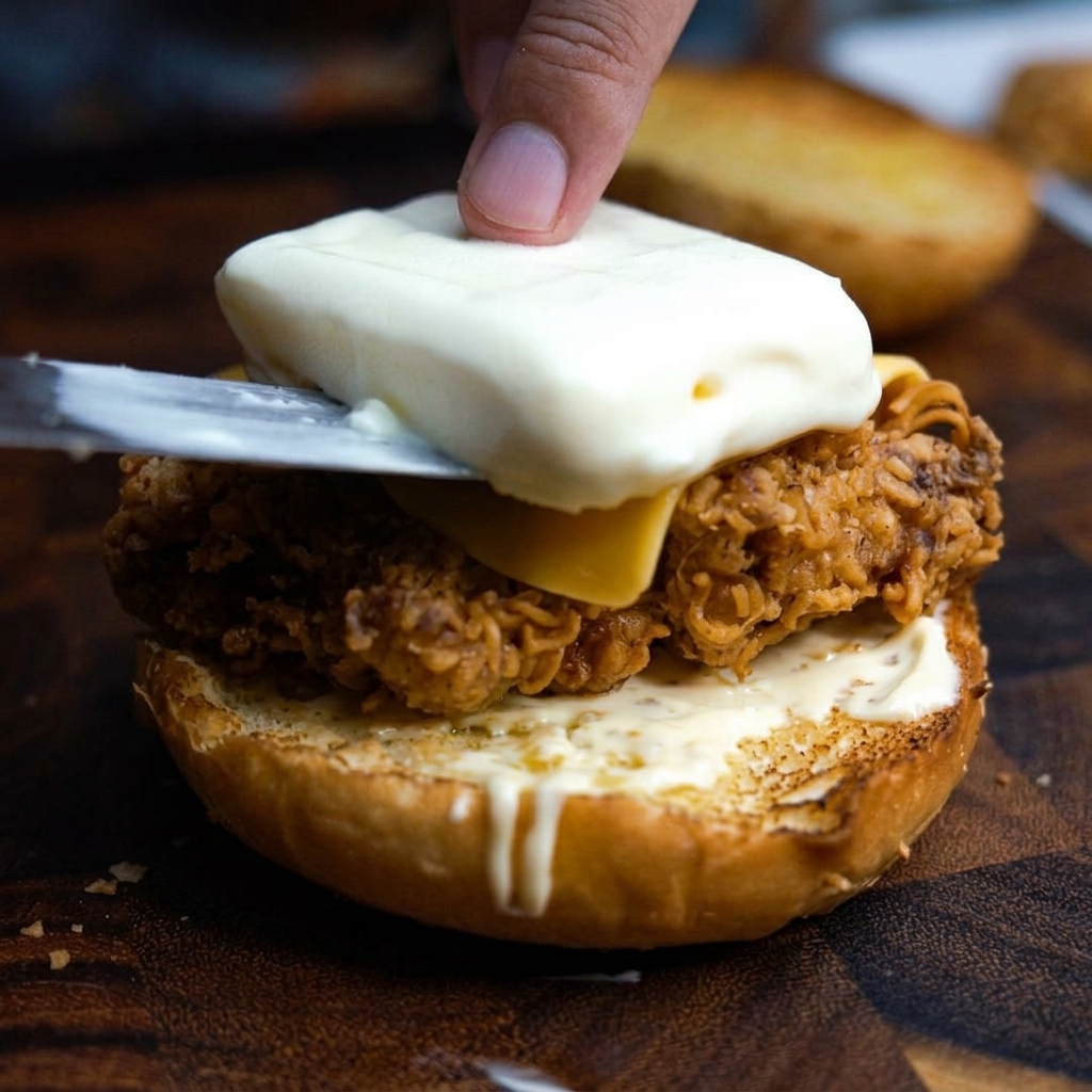 Un bloque de helado siendo colocado sobre el pollo frito cubierto de queso y rociado con miel.