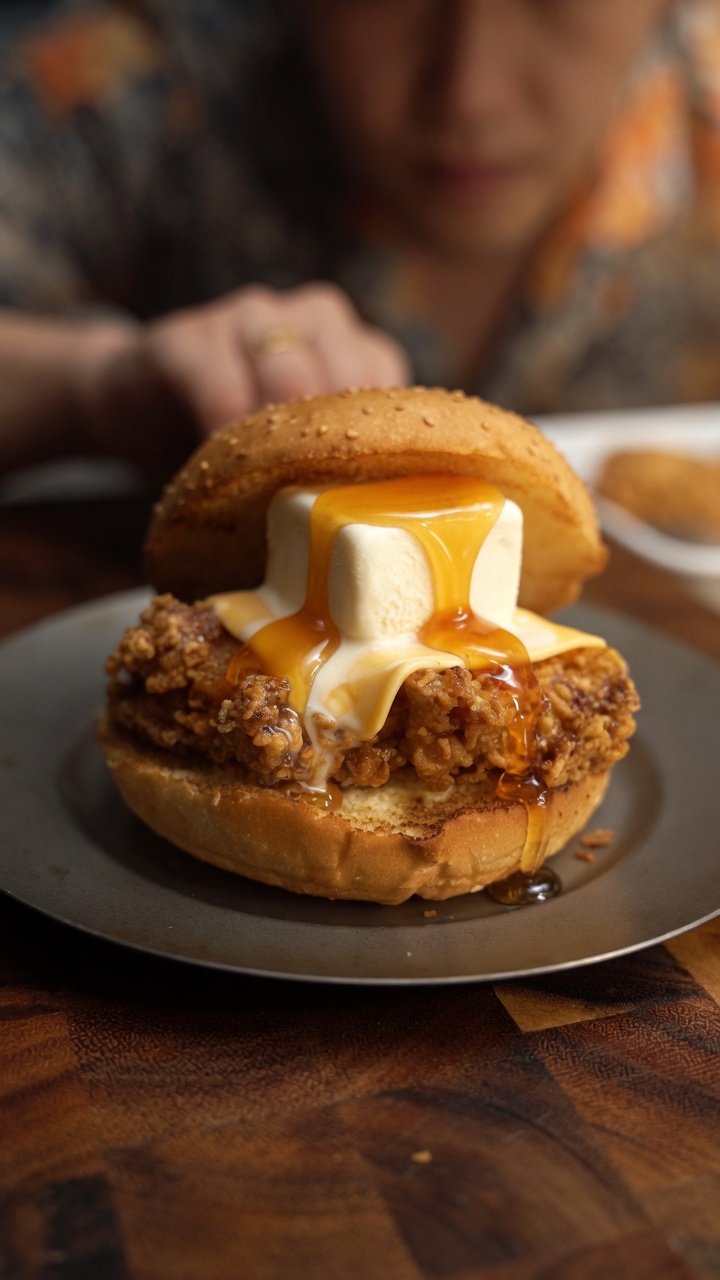 Hamburguesa de Pollo Frito con Helado