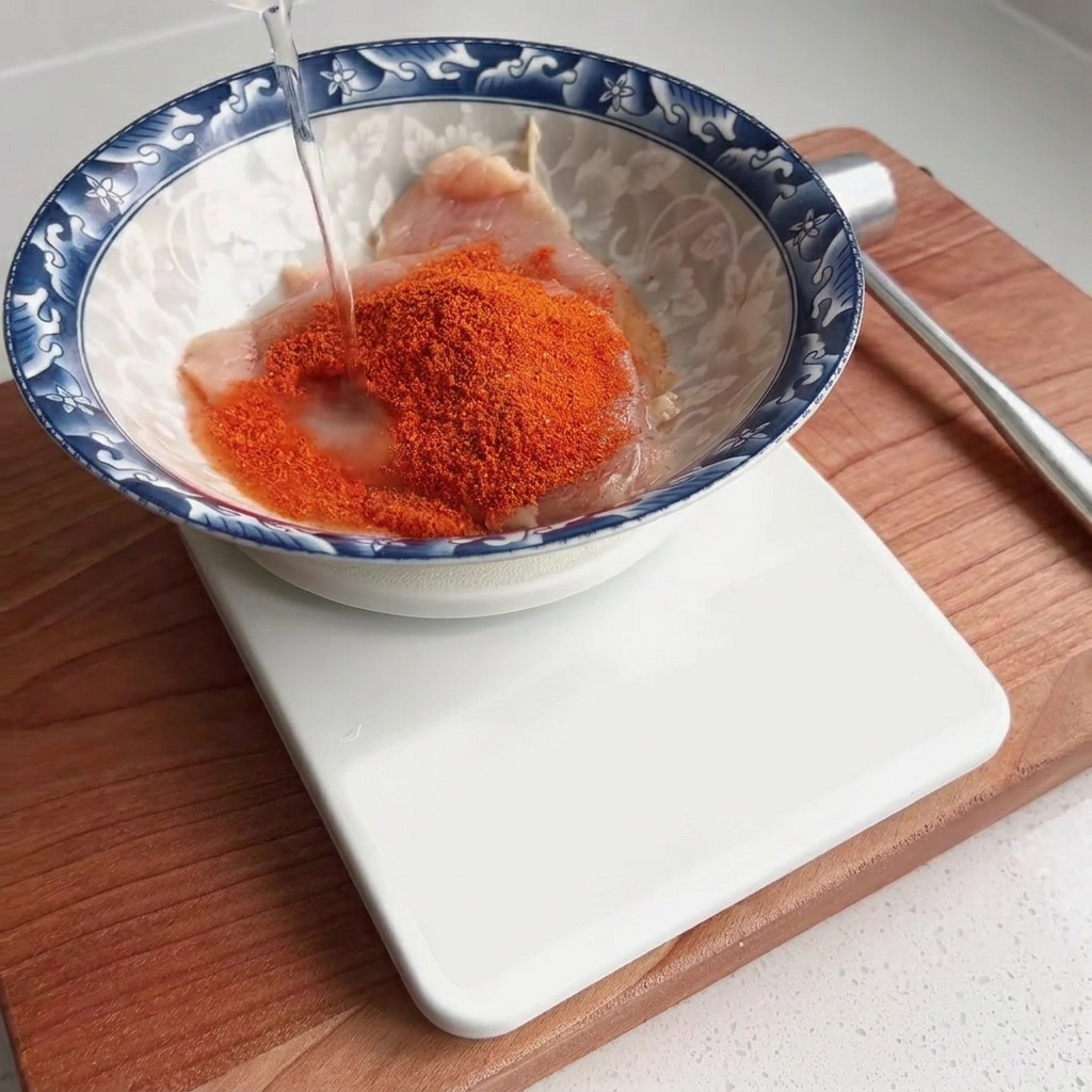 Agua clara siendo vertida en un recipiente con pechuga de pollo cruda sazonada.