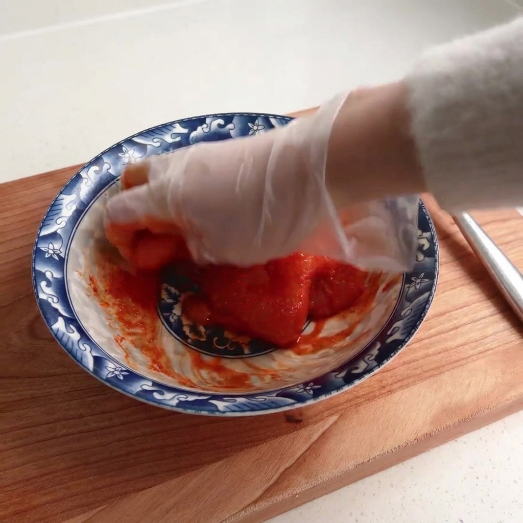 Una mano enguantada mezclando el marinado rojo en el pollo crudo dentro de un recipiente.