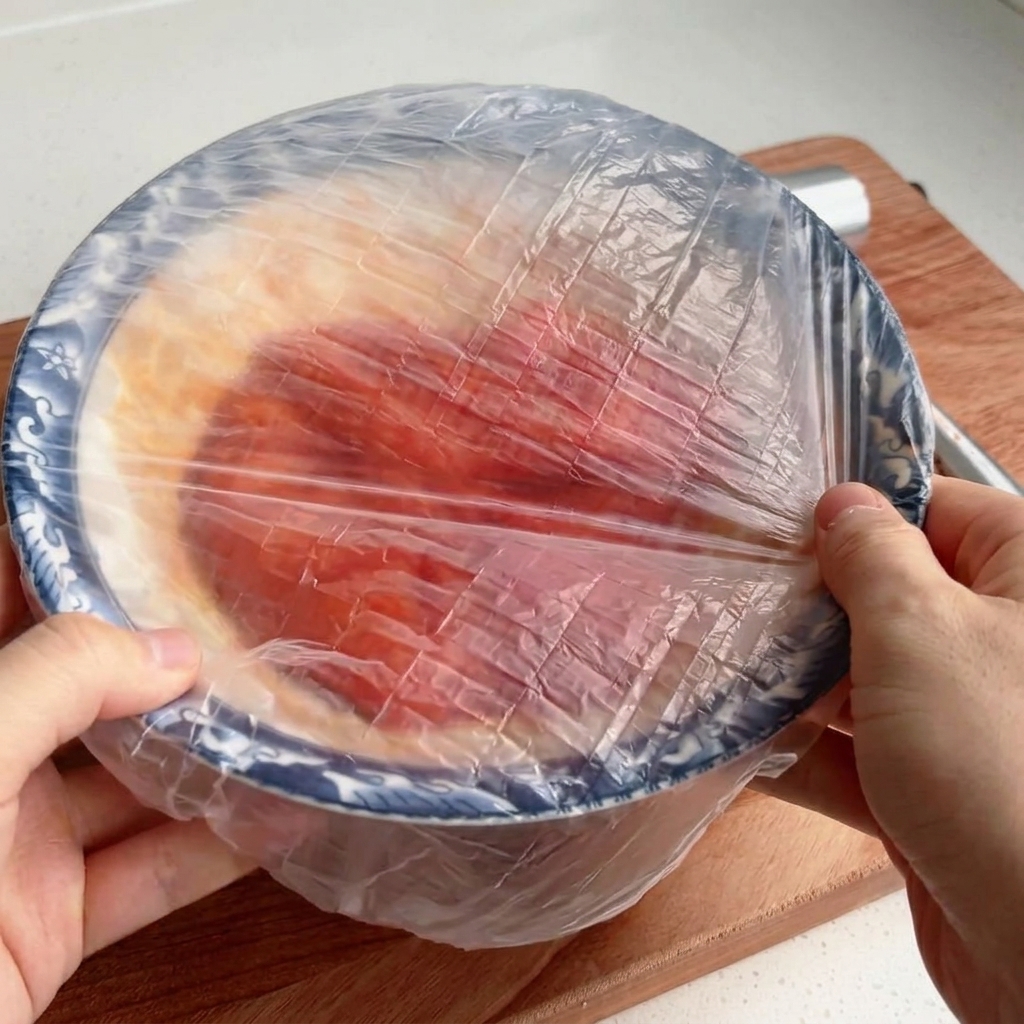 Un recipiente con pollo marinado siendo sellado con film transparente.