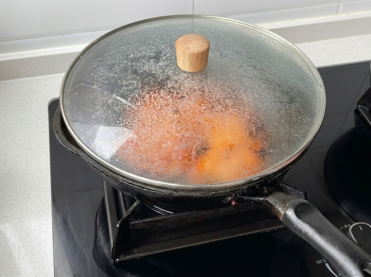 Una sartén cubierta con una tapa de cristal, conteniendo el pollo mientras se cocina.