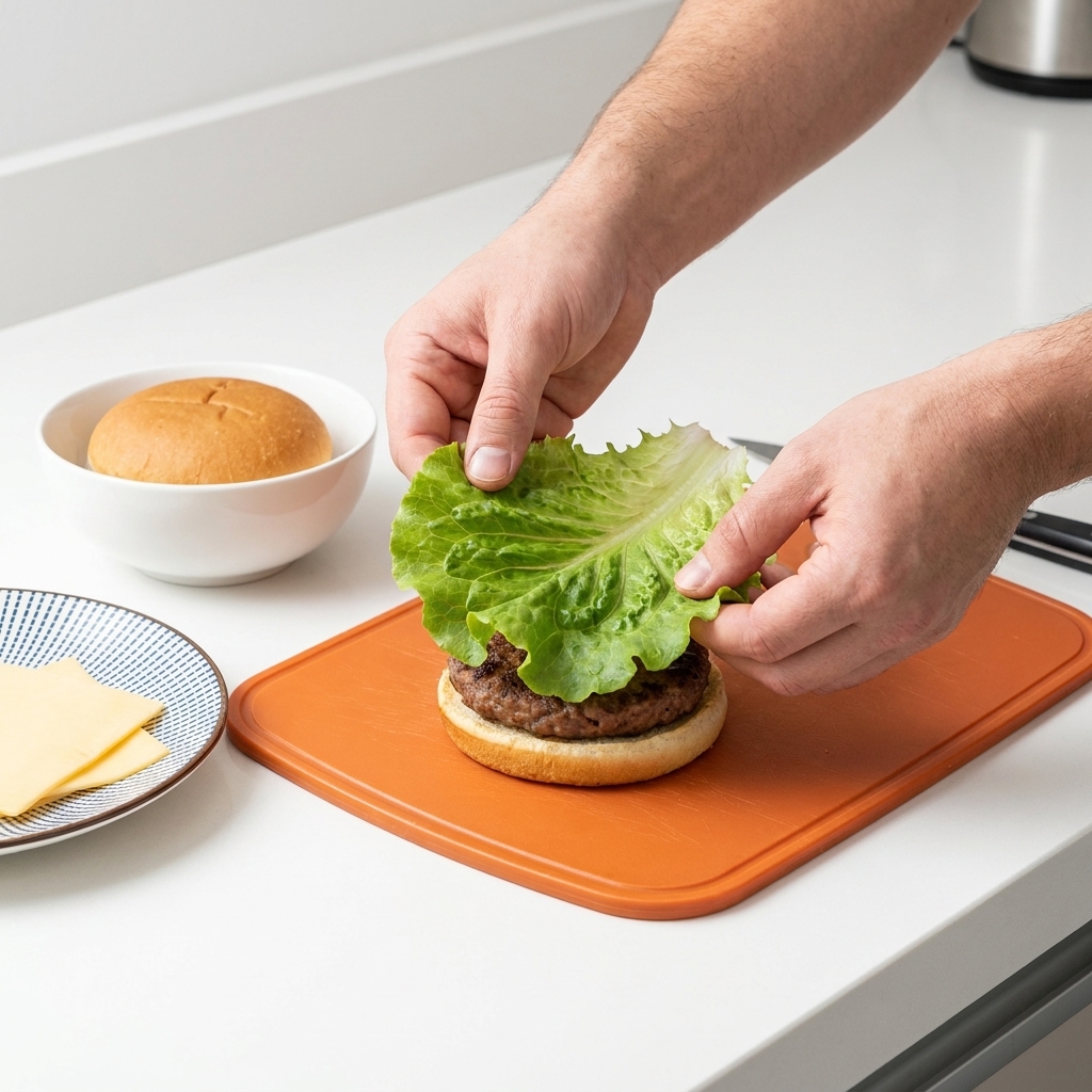 Una hoja de lechuga fresca verde siendo colocada sobre la base de un pan tostado.