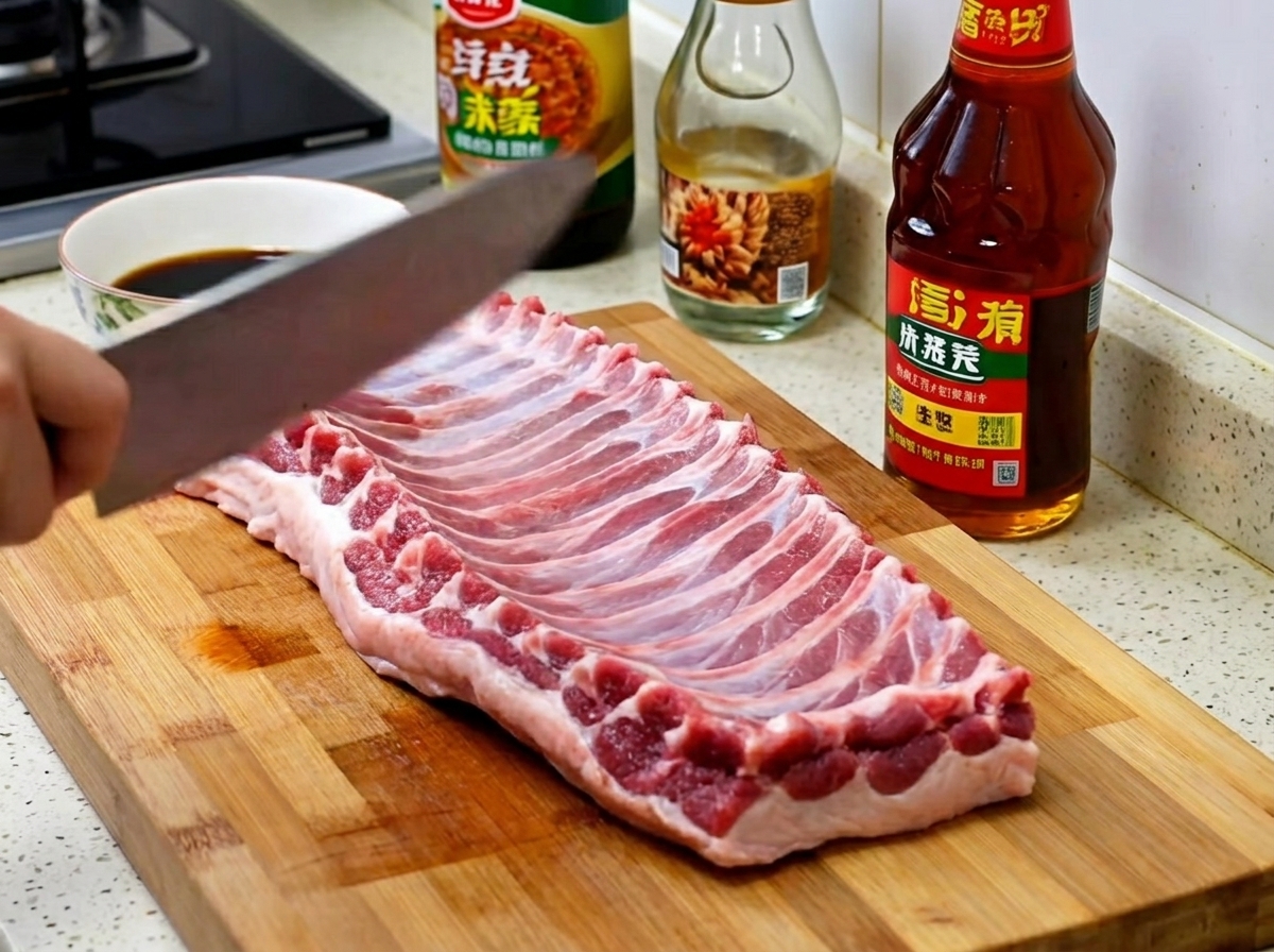 Costillas de cerdo cubiertas con una salsa oscura y rica en un tazón de acero inoxidable, rodeadas de botellas de salsa.