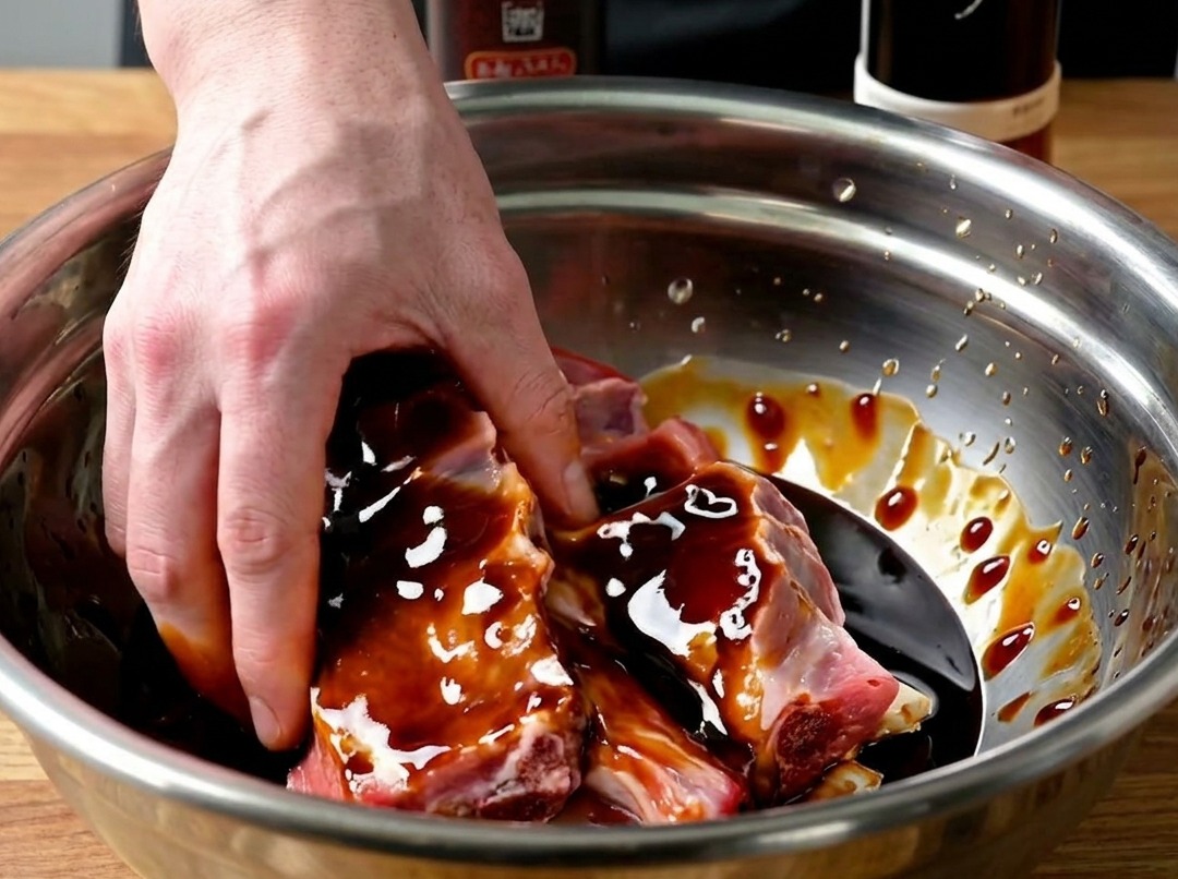 Primer plano de manos masajeando el marinado en costillas de cerdo crudas en un tazón de metal.