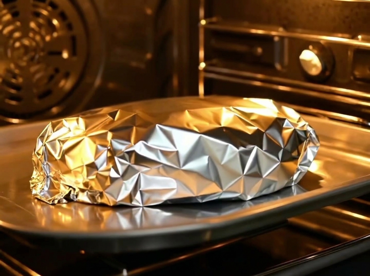 Un paquete de costillas de cerdo envuelto en papel de aluminio sobre una bandeja para hornear, listo para entrar al horno.