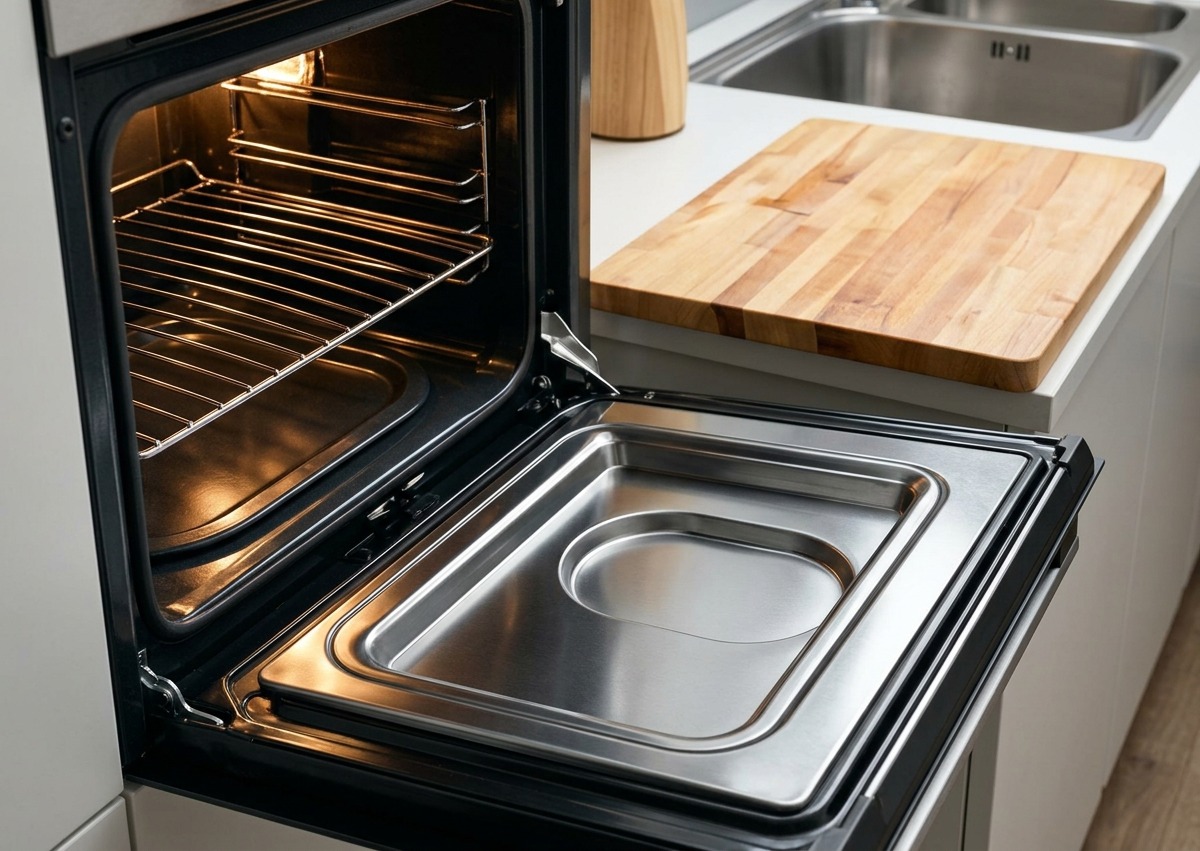 Papel de aluminio cortado con tijeras de cocina para revelar las costillas asadas, calientes y suculentas.