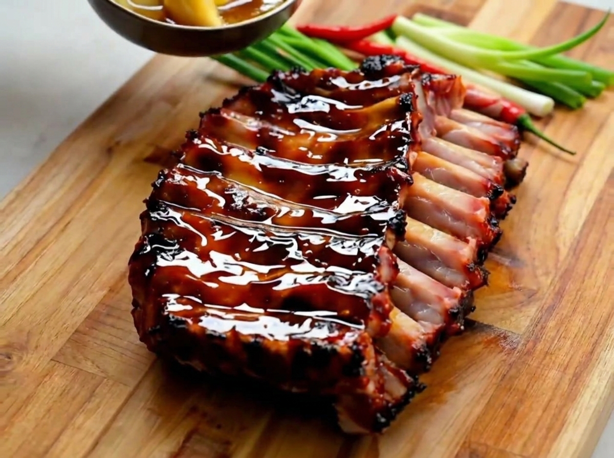 Vista en primer plano de un pincel cubriendo la superficie de las costillas asadas con un glaseado oscuro y rico.