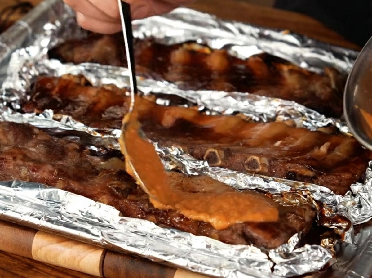 Una brocha de repostería aplicando una salsa espesa y suave sobre costillas de cerdo asadas dispuestas en una bandeja para hornear forrada con papel aluminio.