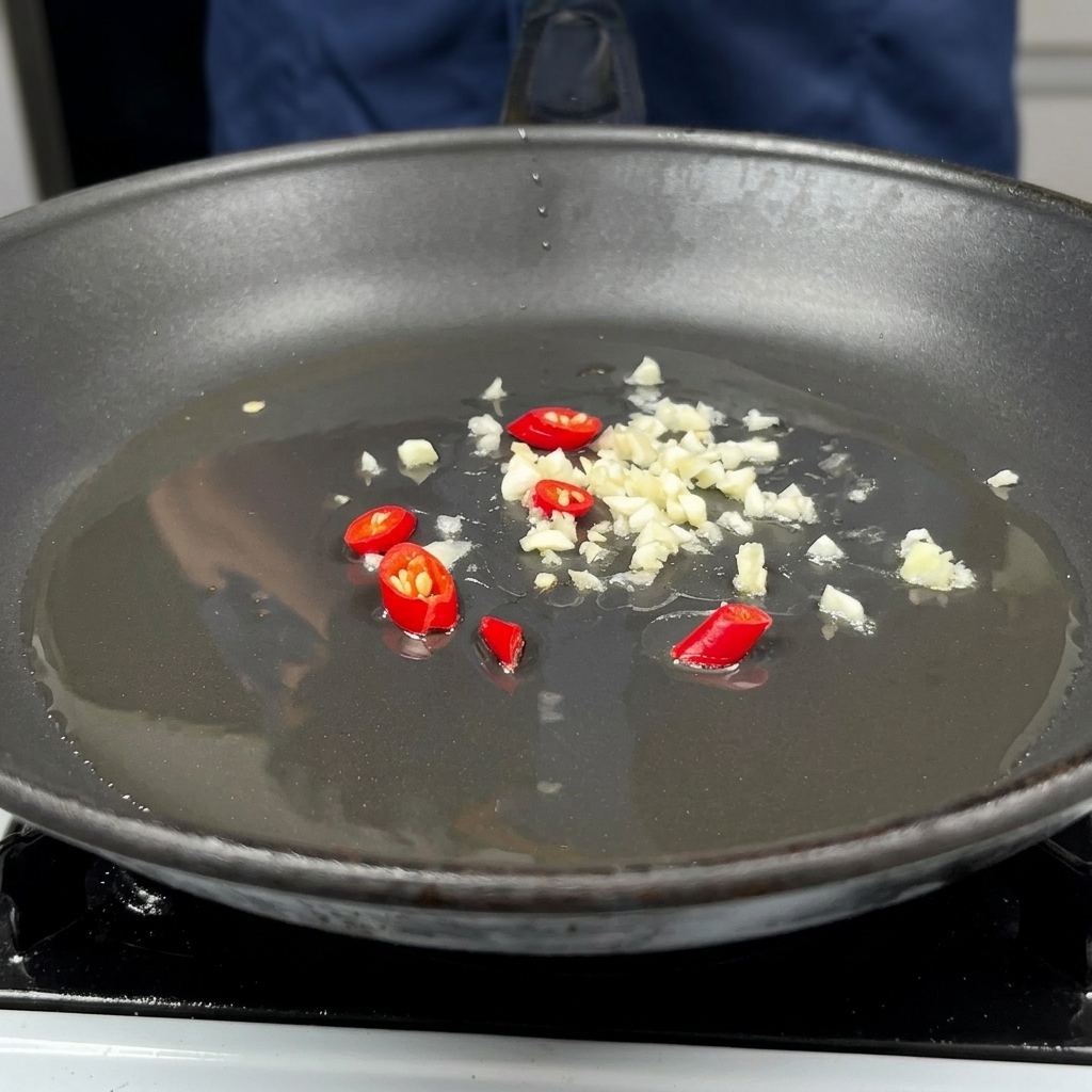 Una sartén con aceite caliente y ajo picado, cebolla roja y chiles salteándose.