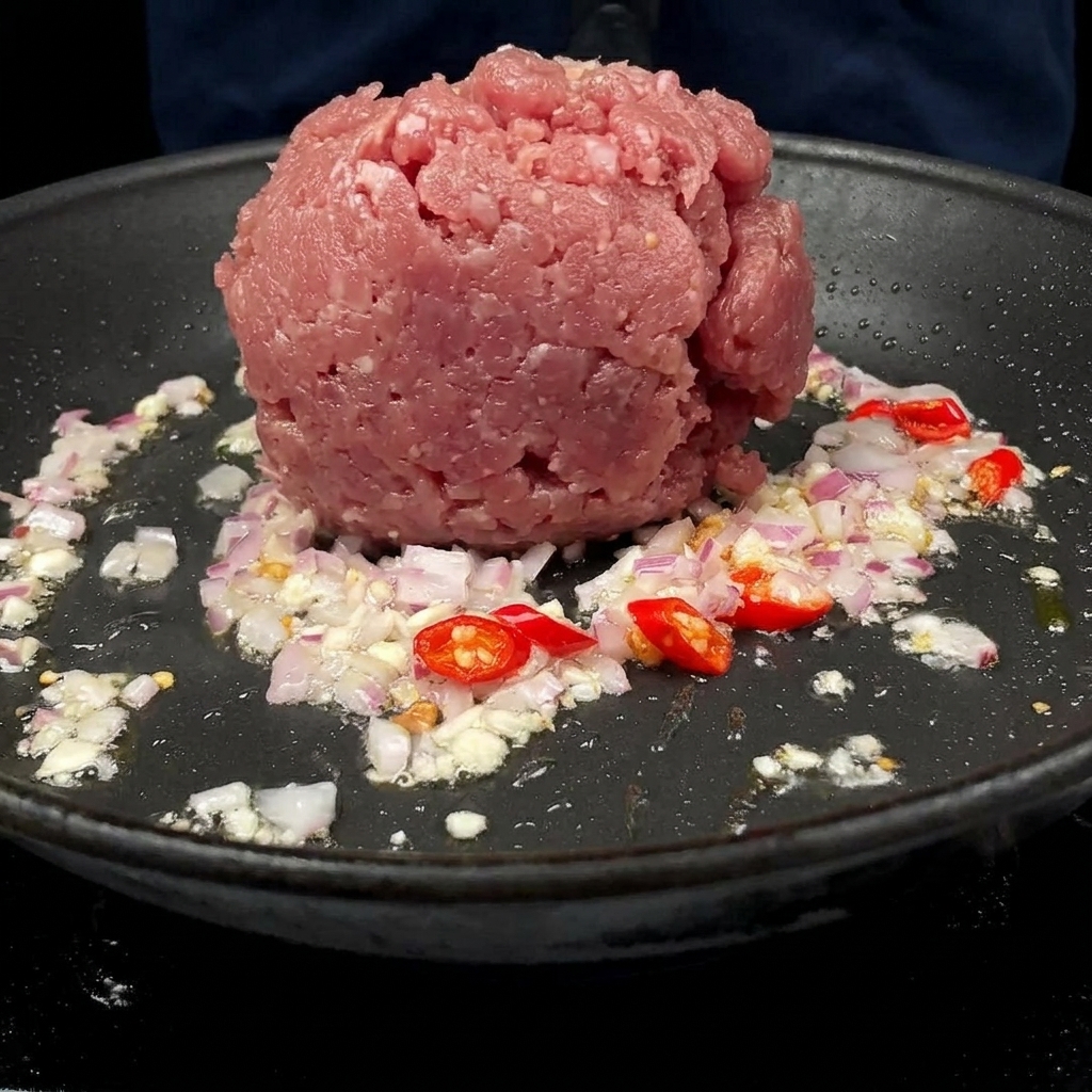 Cerdo molido siendo añadido a una sartén con ajo, chile y cebolla salteados.