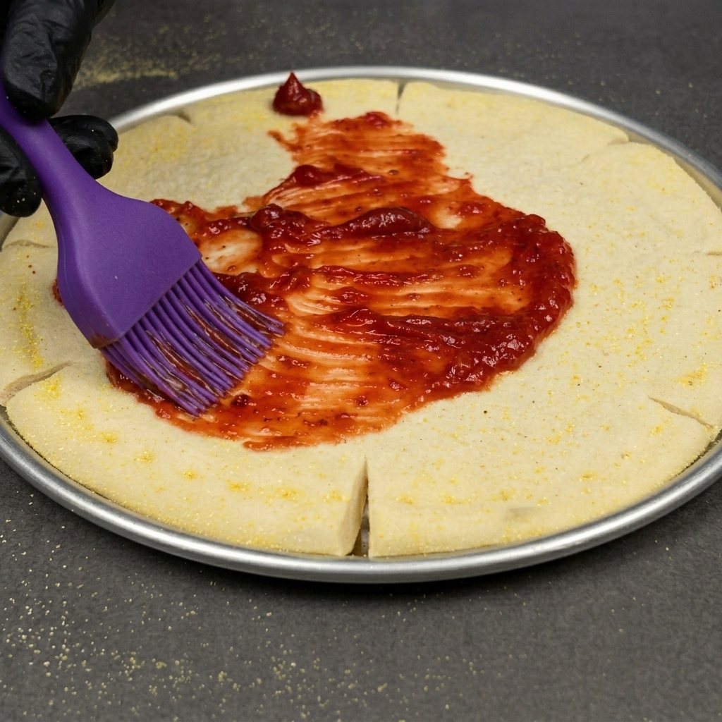 Una brocha de silicona aplicando salsa de tomate sobre el centro de la masa de pizza circular.