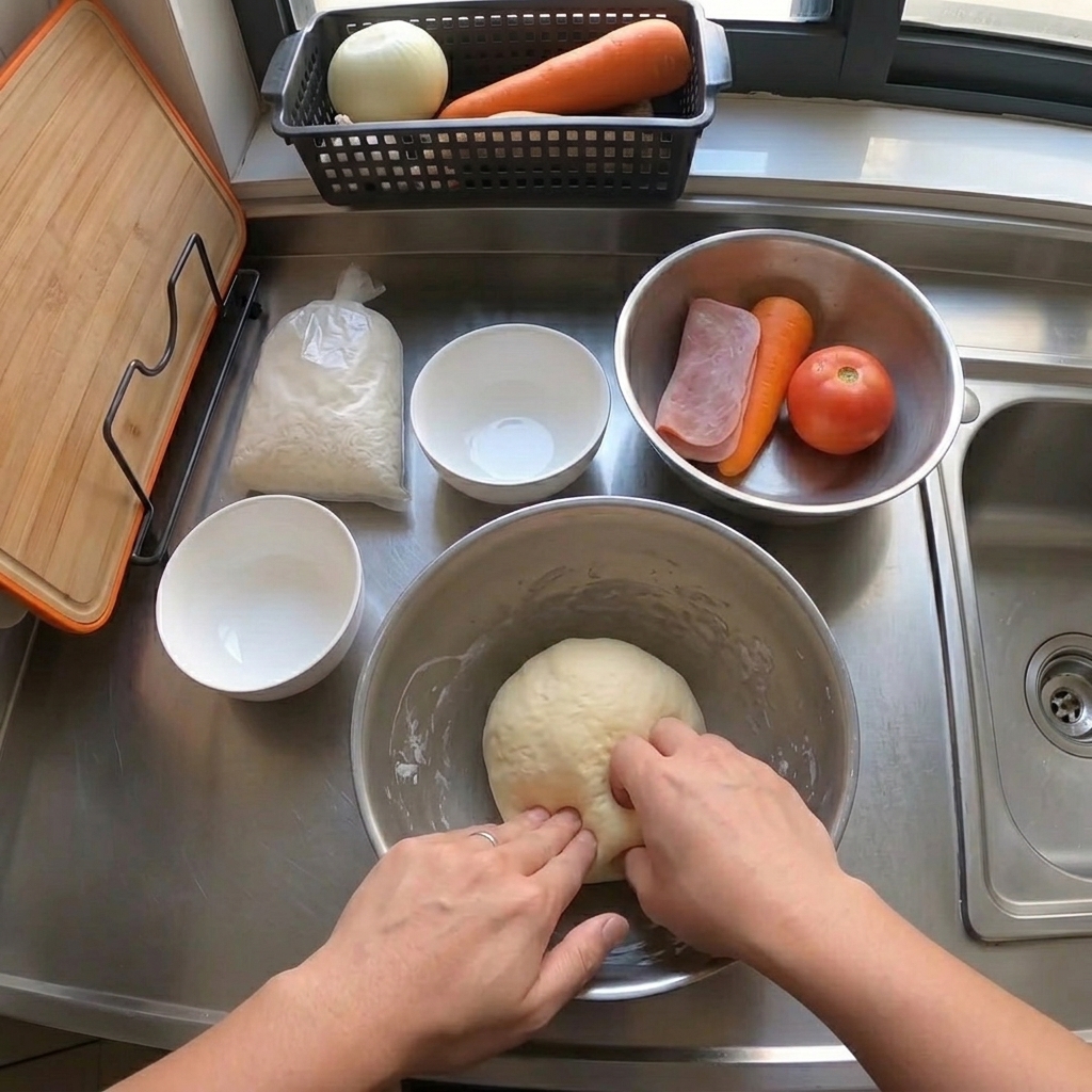 Manos colocando queso rallado y cerdo picado cocido sobre la base de masa de pizza.