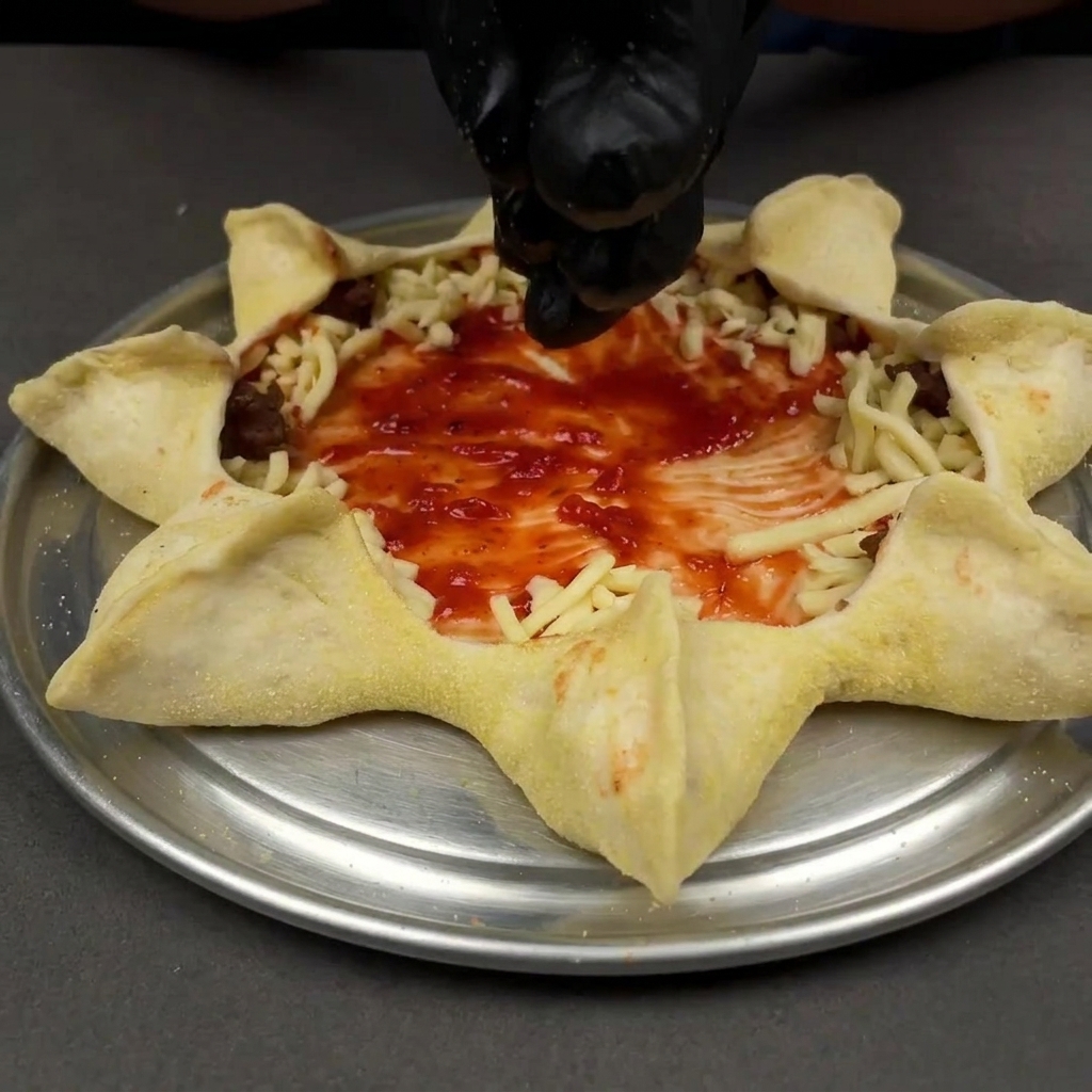 Manos plegando los segmentos de masa cortados hacia adentro, creando un patrón de estrella.