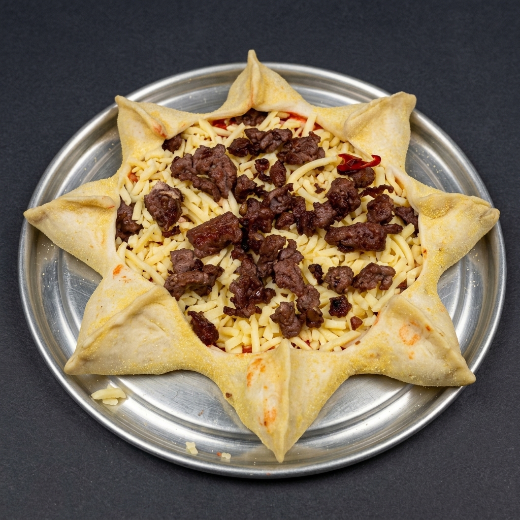 Una corteza de pizza en forma de estrella rellena con queso, cerdo, champiñones y rodajas de tomate, lista para el horno.