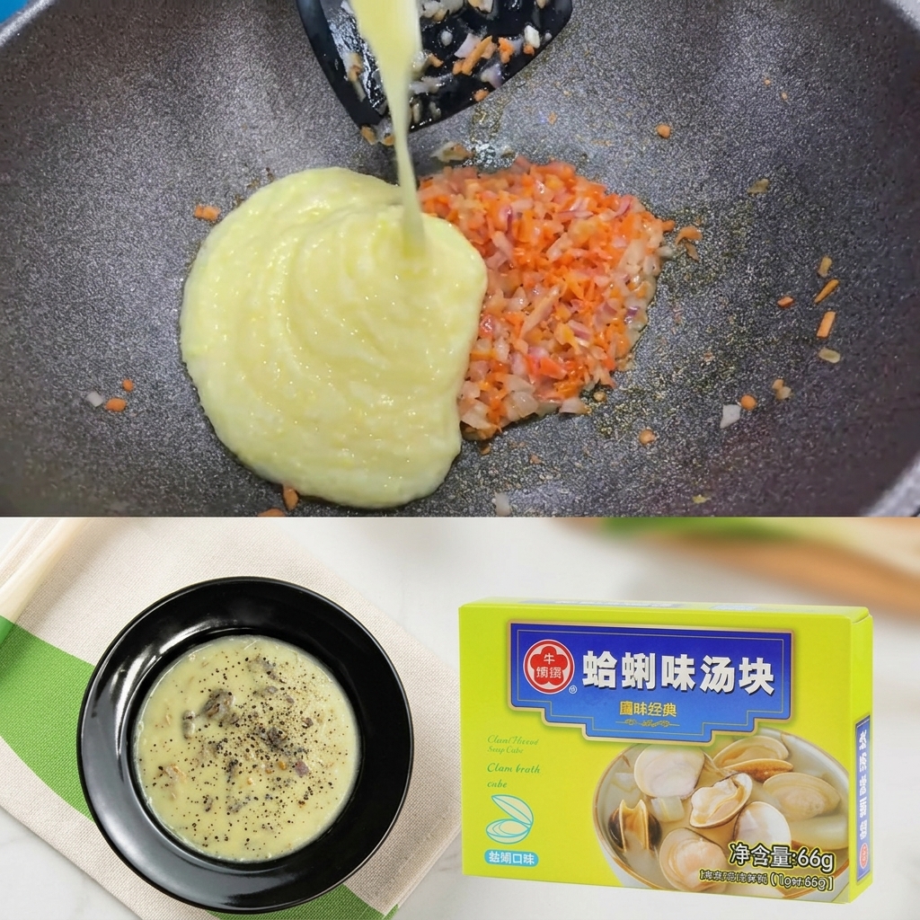 Puré de jugo de maíz vertiéndose en la sartén con vegetales sofritos.
