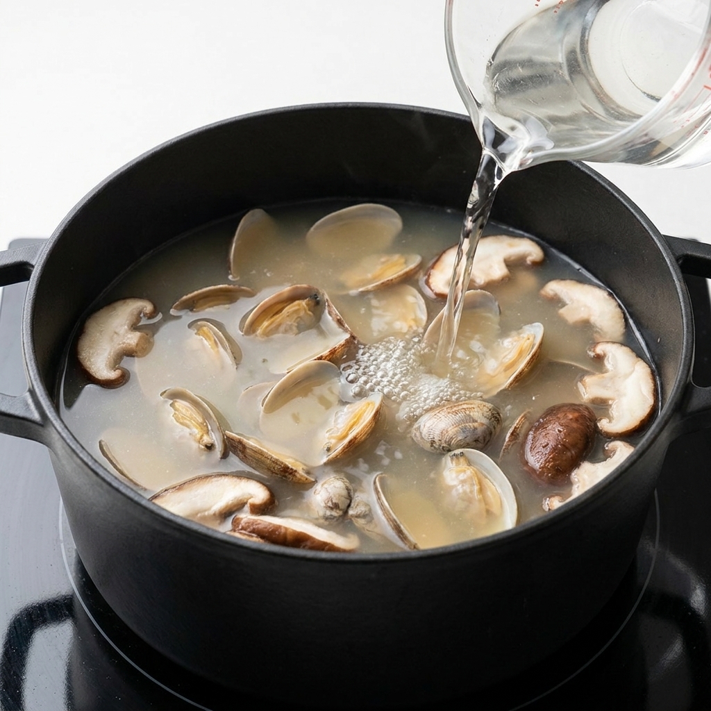 Vino de cocina siendo vertido en la olla de sopa a fuego lento.