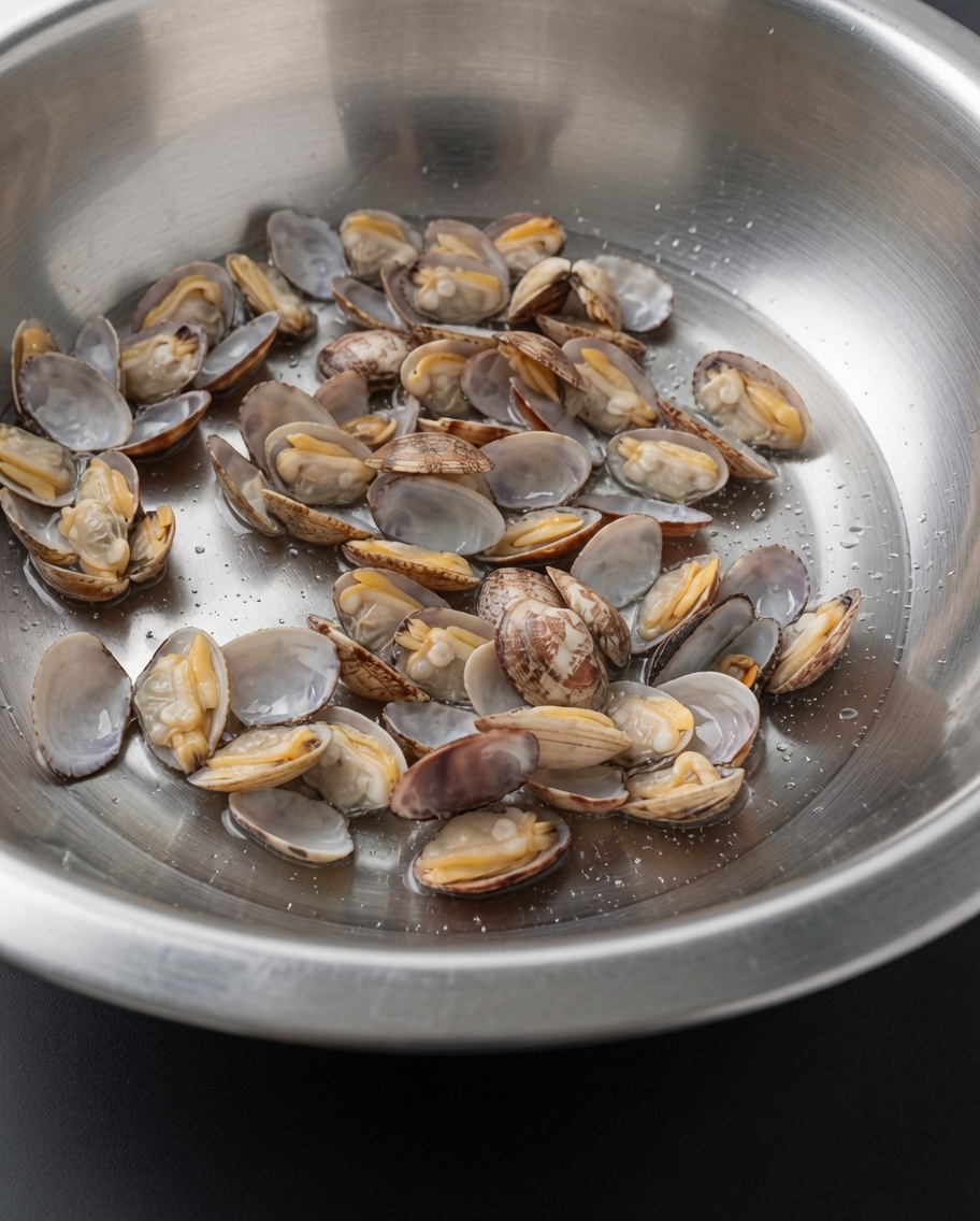 Conchas de almeja blanqueadas siendo enjuagadas bajo un chorro de agua fría en un tazón de acero inoxidable.