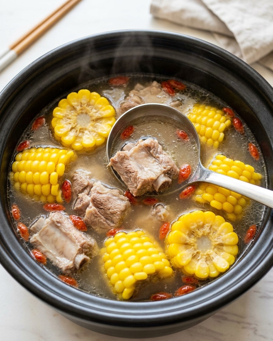 Costillas de cerdo blanqueadas dispuestas dentro de la olla de una olla a presión eléctrica junto con otros ingredientes preparados.