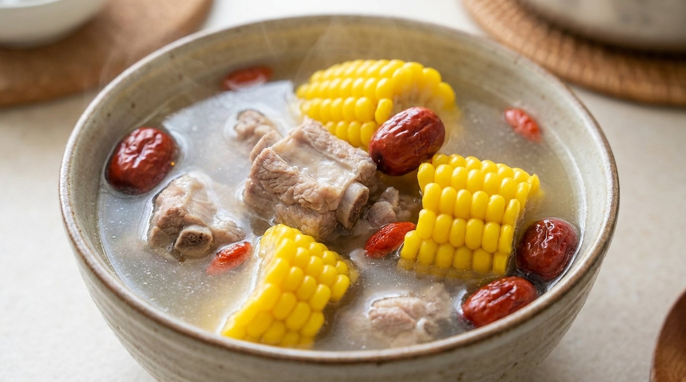 Sopa de Costillas de Cerdo, Almejas y Maíz Dulce