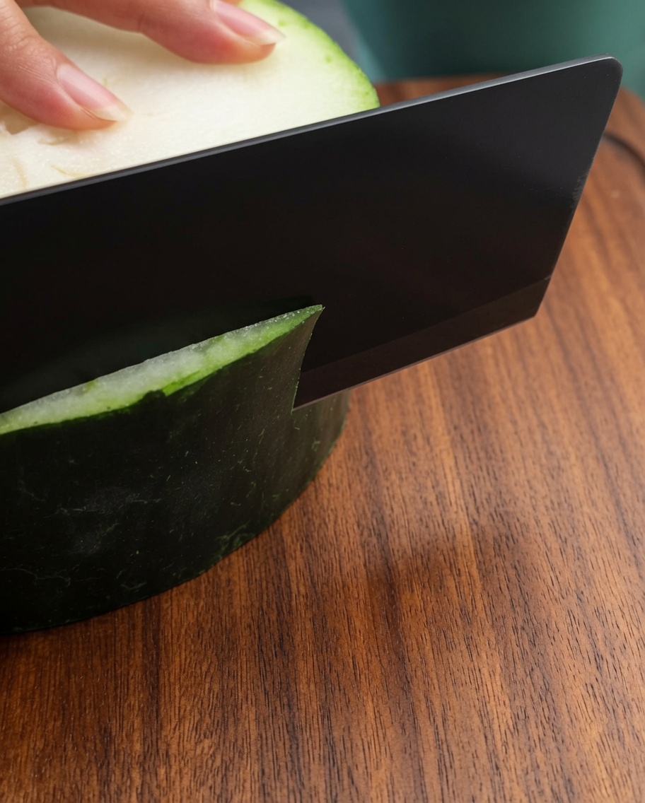 Un cuchillo de chef negro cortando un trozo de melón de invierno fresco sobre una tabla de madera oscura.