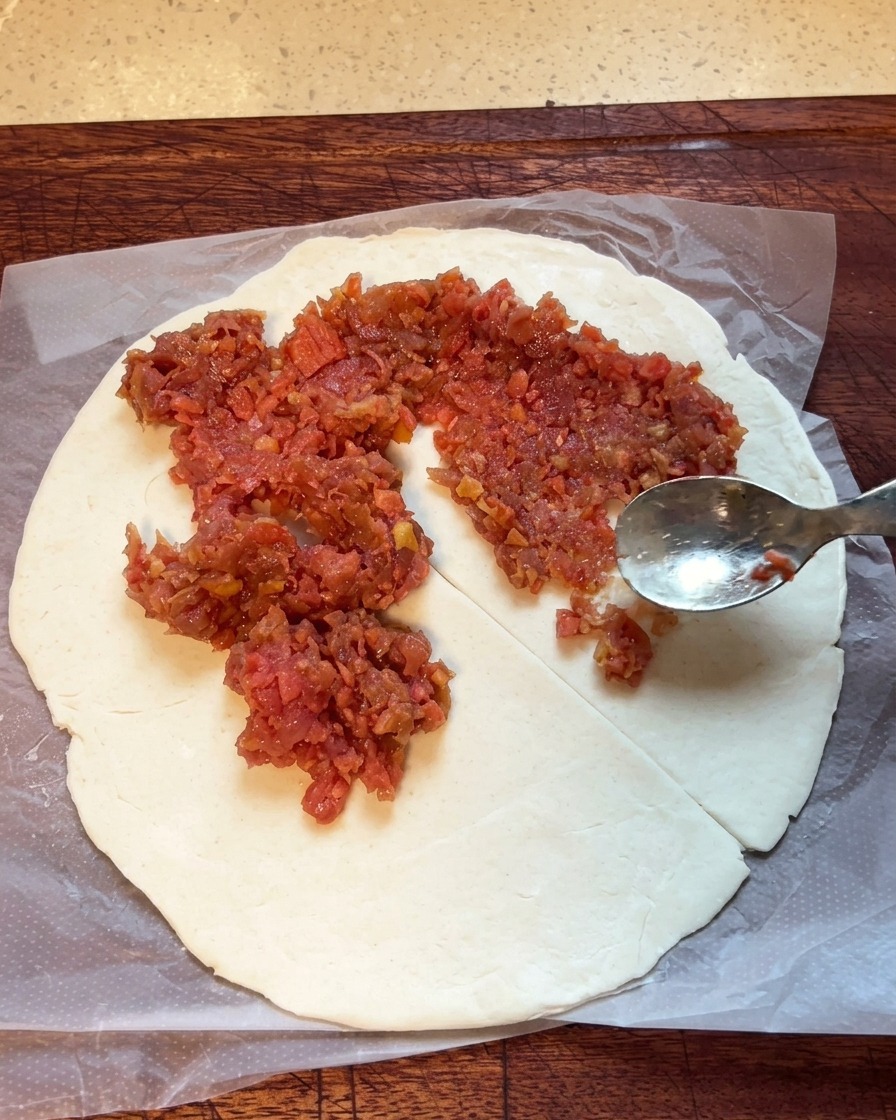 Relleno de carne extendiéndose sobre un panqueque de cebolleta con una cuchara de metal, cubriendo la mayor parte de la superficie.