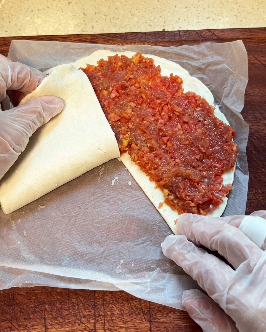 Un panqueque de cebolleta siendo doblado capa por capa con guantes de plástico, mostrando el relleno de su interior.