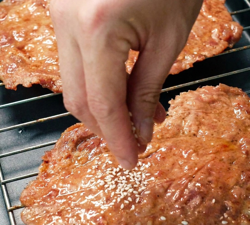 Semillas de sésamo blanco esparciéndose sobre las lonchas de cerdo glaseadas.