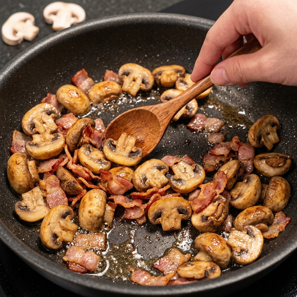 Champiñones rebanados sofriéndose en una sartén con trozos de tocino crujiente y grasa.