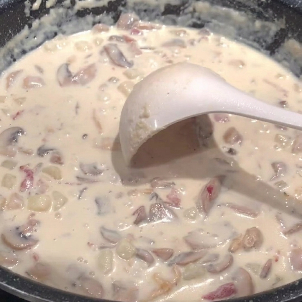 Un cucharón blanco dentro de una olla de sopa cremosa con papas y champiñones, mientras se añade sal.