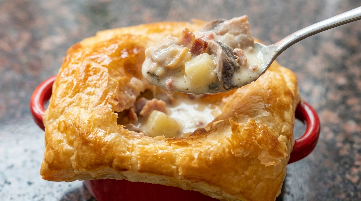 Crema de almejas con costra de hojaldre dorado