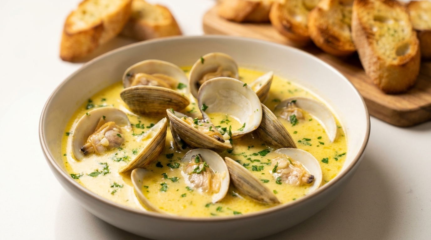 Sopa de Almejas a la Mantequilla de Ajo al Estilo Francés