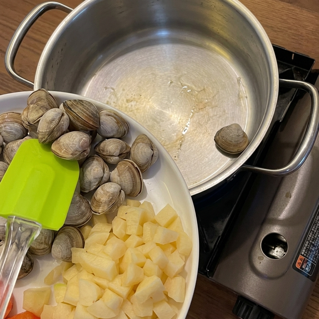 Vista de cerca de almejas frescas, papas en cubos y zanahorias cortadas dentro de una olla de acero inoxidable antes de añadir líquido.