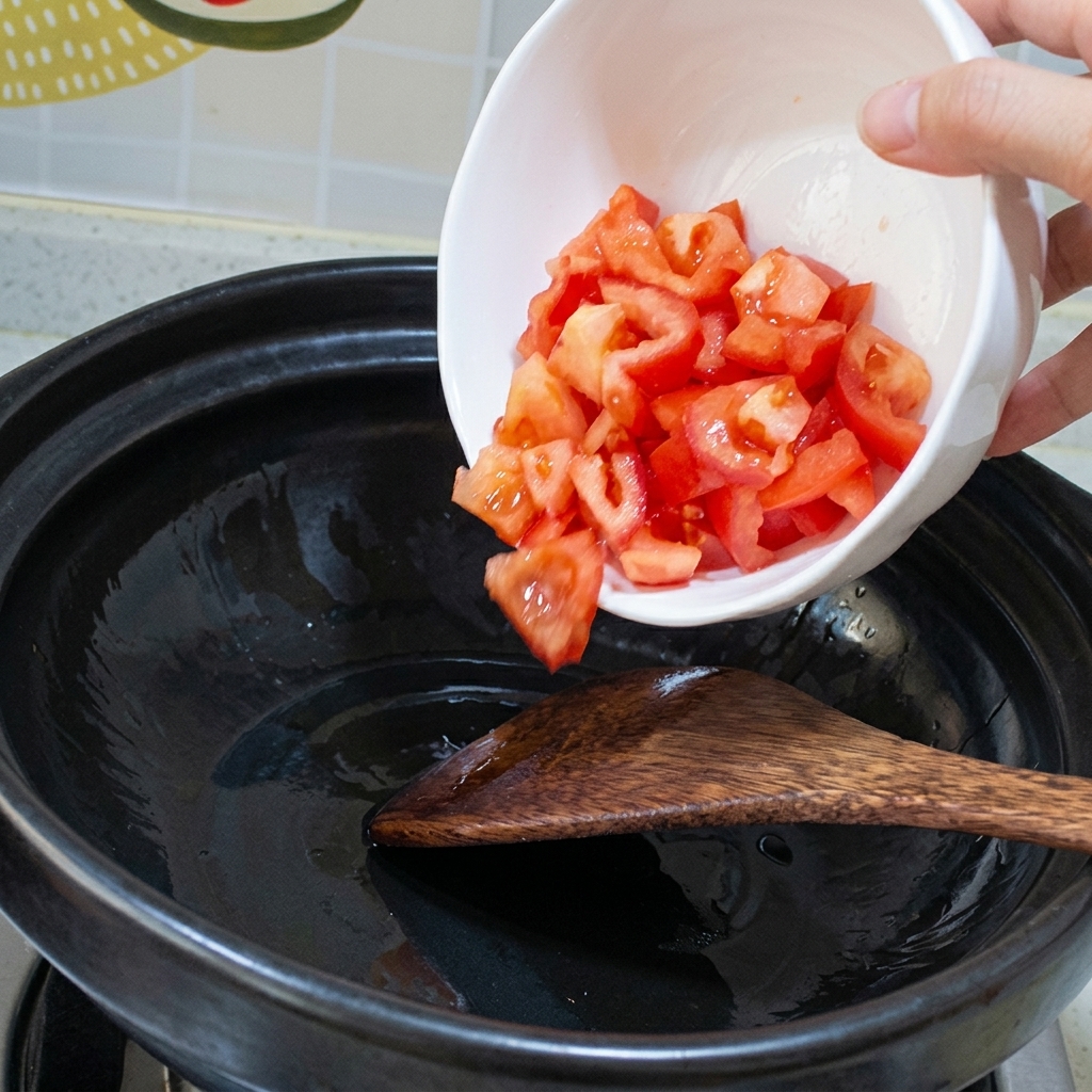 Tomates picados siendo salteados en una olla de barro caliente hasta que se ablandan y sueltan sus jugos.