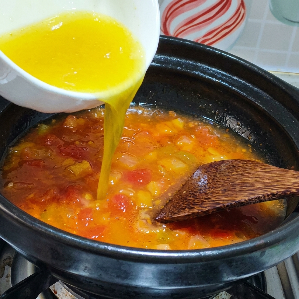 Caldo de pollo siendo vertido en una olla con tomates salteados.