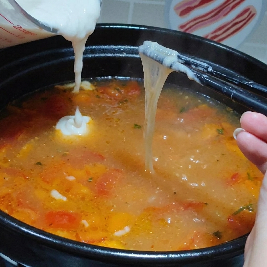 Masa siendo vertida en una olla de sopa hirviendo para formar pequeños trozos.
