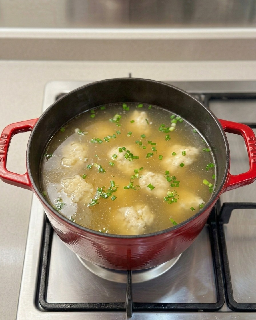 Bolitas de masa siendo añadidas a la sopa de pollo hirviendo.