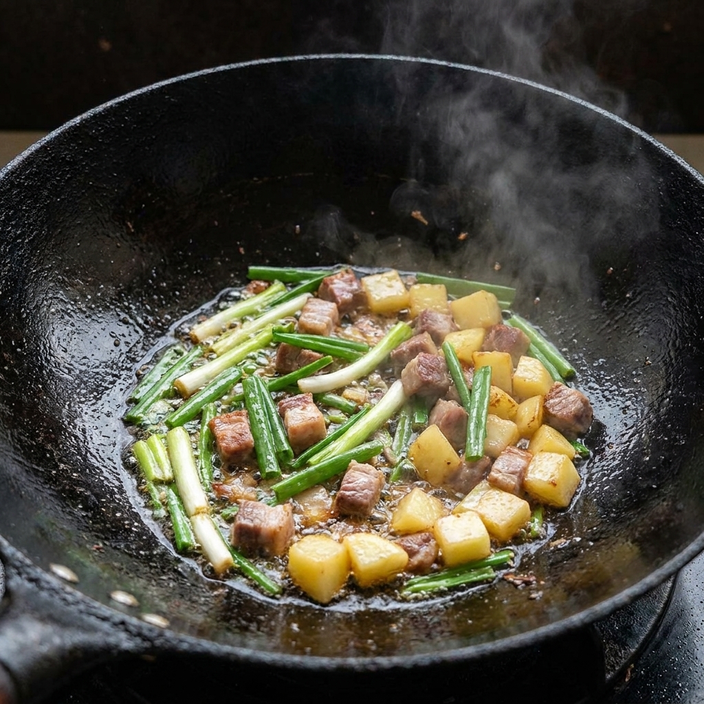 Caldo de huesos vertiéndose en un wok que contiene carne frita, patatas y cebolletas.