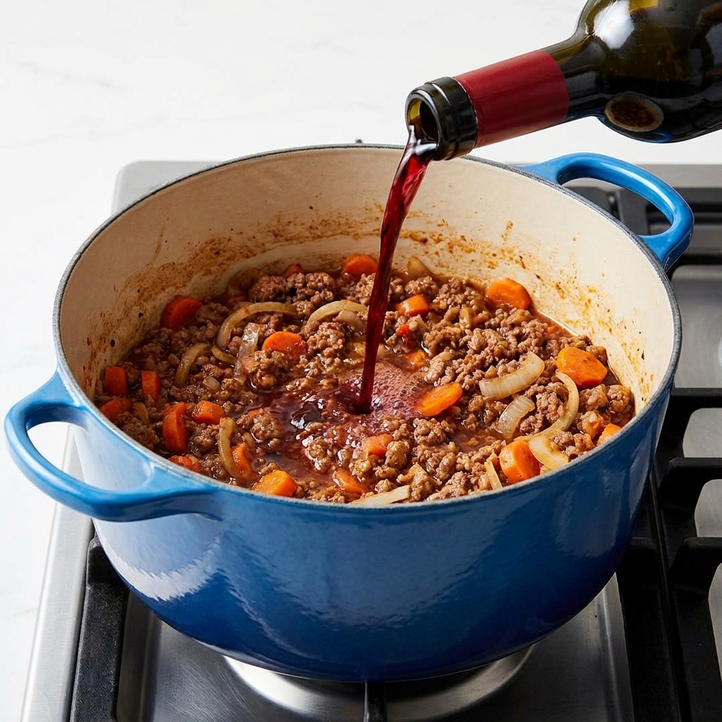 Vino tinto siendo vertido en una olla de carne dorada, creando vapor y desglasando la sartén.
