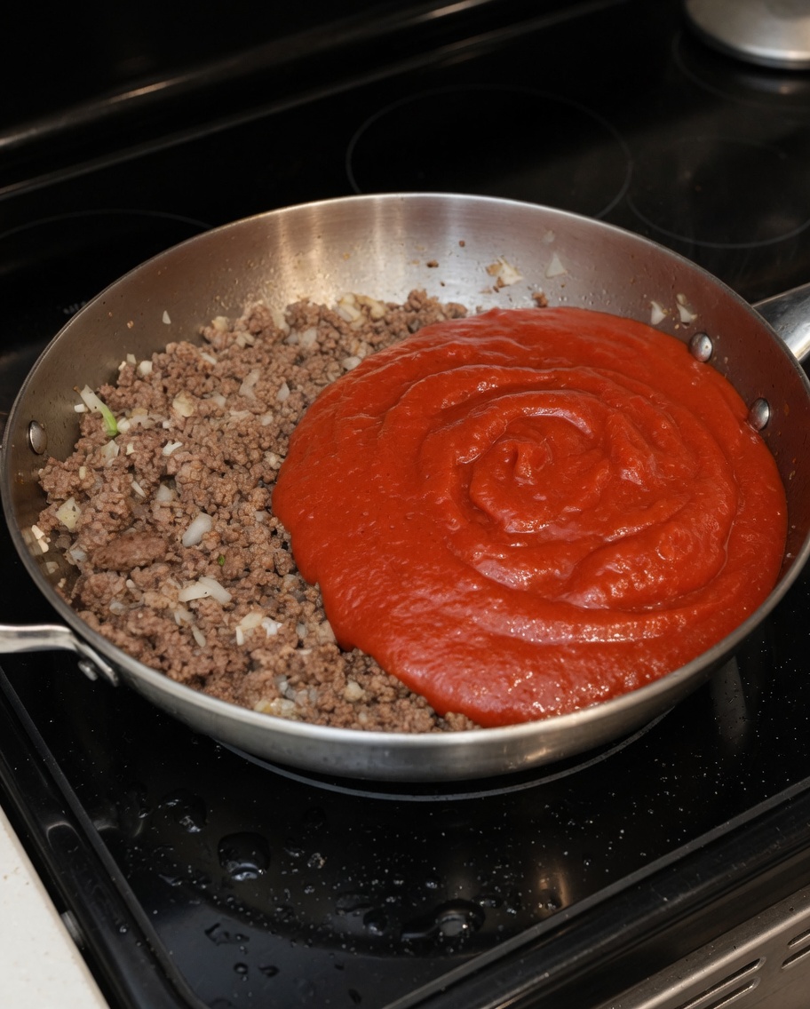 Rica salsa de tomate siendo incorporada a la base de carne y verduras en una sartén grande.